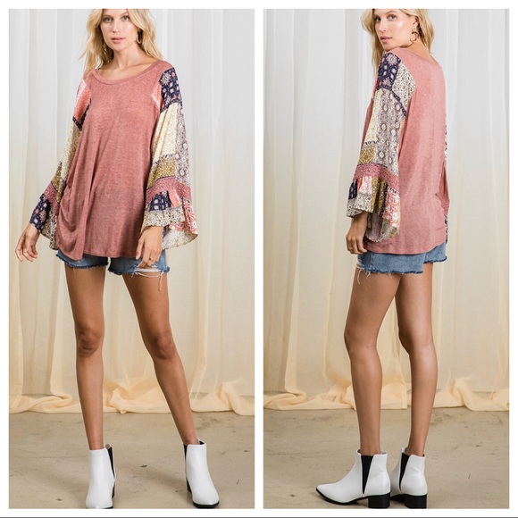 Bohemian print & solid knit fabric color block top - Picture 6 of 7